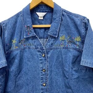 CJ Banks Denim Shirt Womens 2X Blue Monkey Tropical Embroidered Short Sleeve VTG